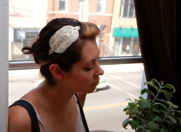 Beaded and Crystal Art Deco Headband/Fascinator with Elastic