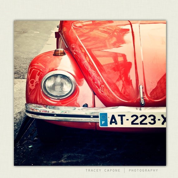 Car Photograph - Vintage Bug - Montmartre Paris Print - Paris decor, tomato red, crimson, Paris Wall Art - Rouge