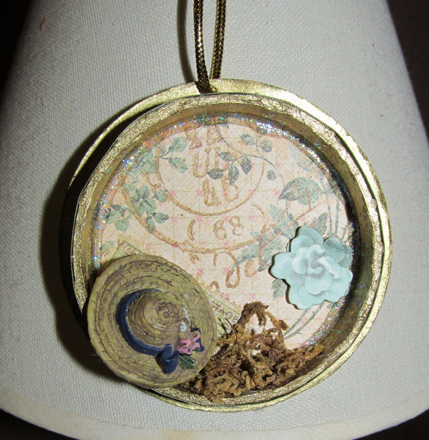 Vintage Inspired blue 'hat box' postal travel 3D diorama style Christmas Holiday Ornament OOAK