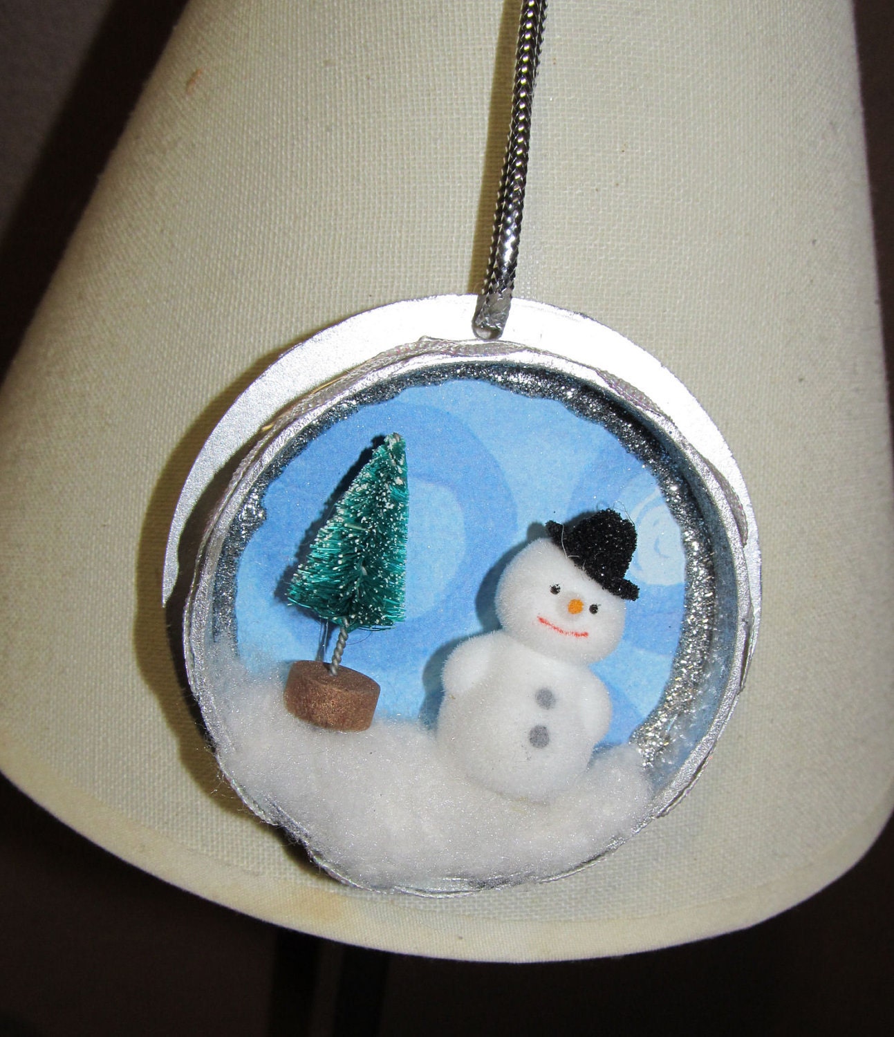 Jolly Snowman and tree 3D diorama style Christmas Holiday Ornament OOAK