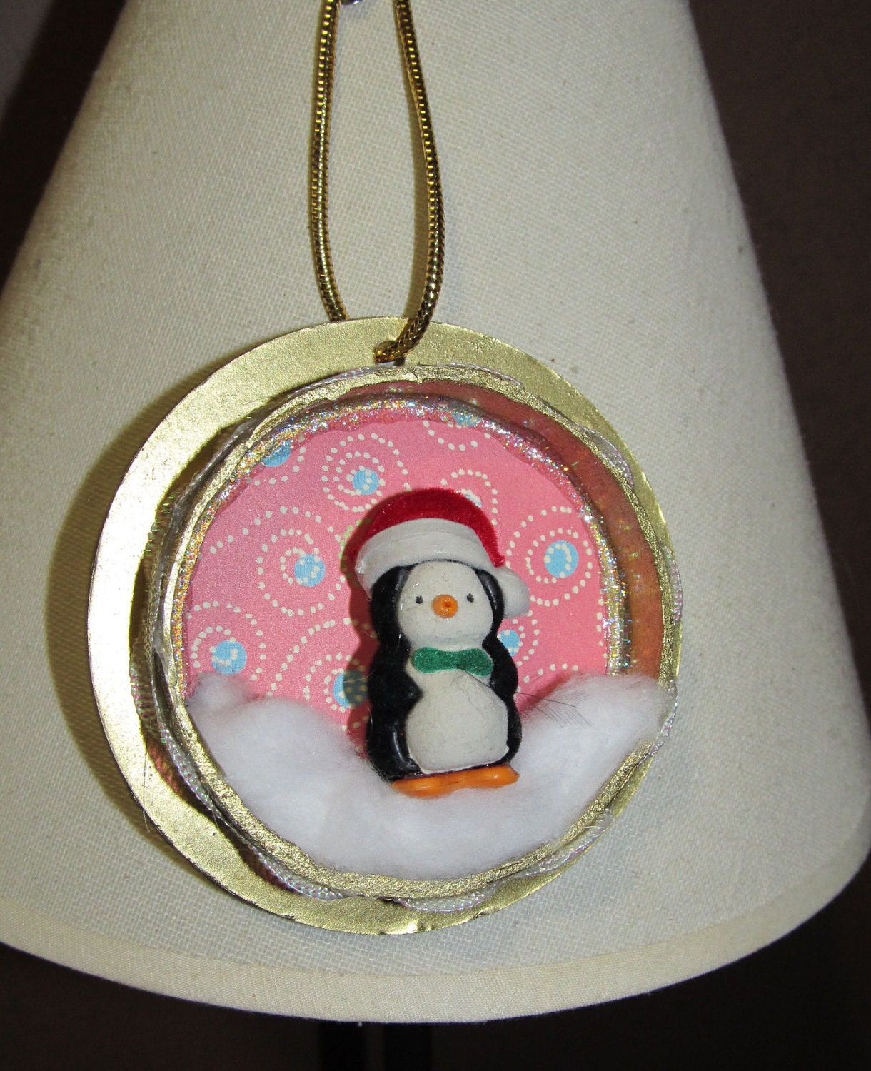 Cute Penguin in hat and bow tie 3D diorama style vintage inspired Christmas Holiday Ornament OOAK