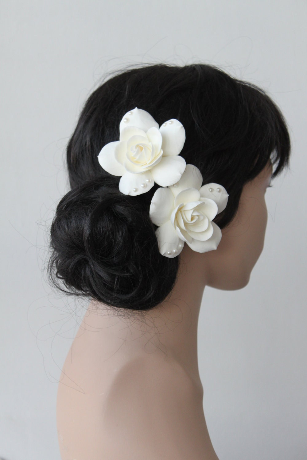 Pair of  Ivory or White Gardenia Hair Clips with SW pearls A.
