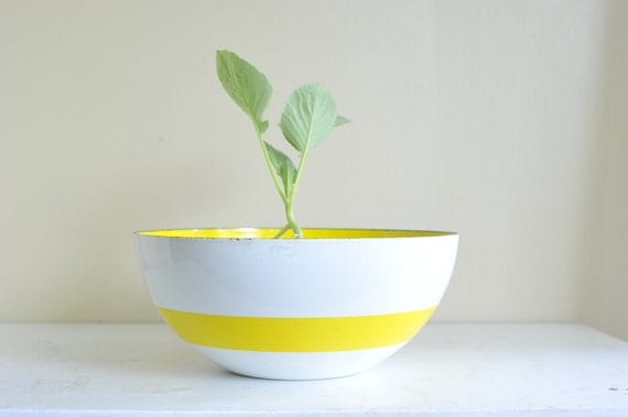 Vintage HUGE Cathrineholm 11" White with Yellow Band Enamel Bowl