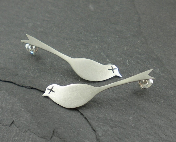 Dead Birds Earrings. Silver Post. Silhouette, Love, Friendship