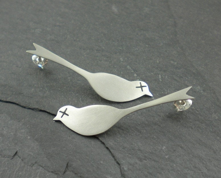 Dead Birds Earrings. Silver Post. Silhouette, Love, Friendship