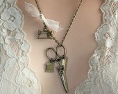 Seamstress Scissors Necklace -  Ribbon Vintage inspired antiqued bronze