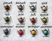 Teapot Necklace with Golden Spoon -  Birthday Birthstone Pearl
