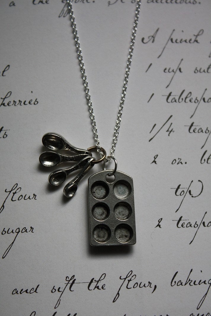 Bakers Love Cupcake Muffin Pan and Tiny Measuring Spoons on a Sterling Silver Chain