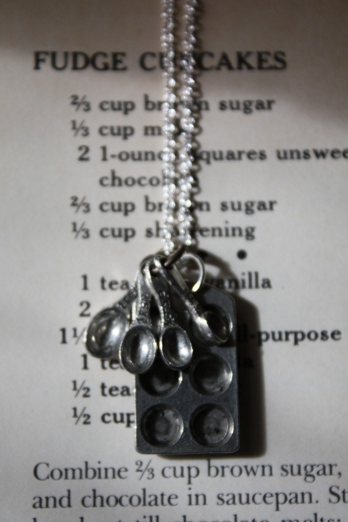 Baking Love Cupcake Muffin Pan and Tiny Measuring Spoons on a Sterling Silver Plated Chain