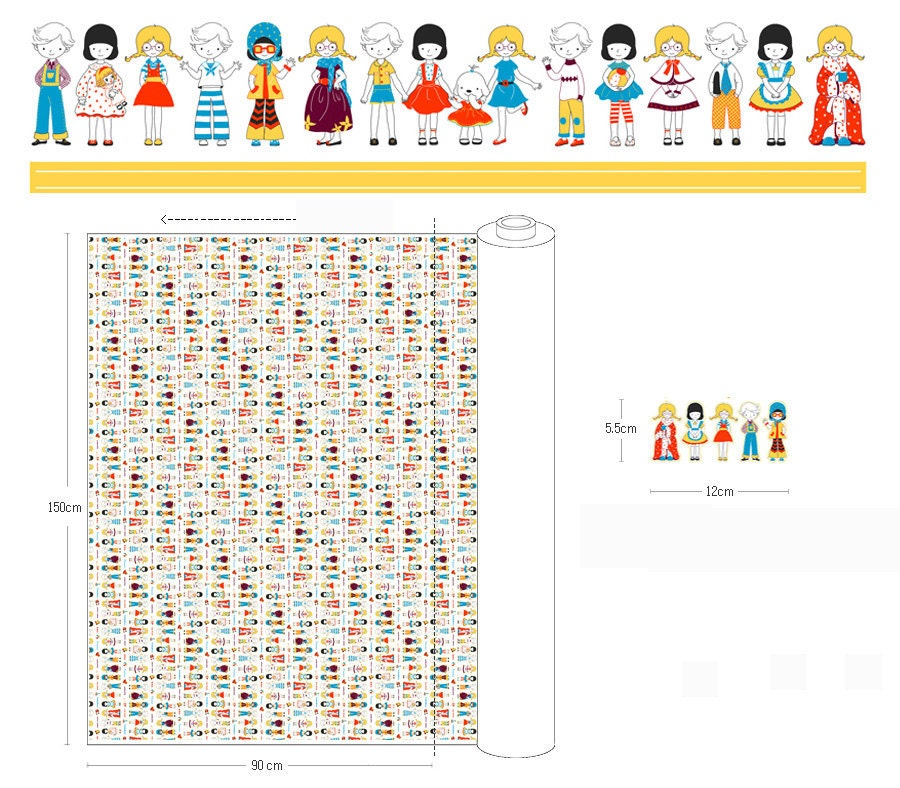 SALE, Cute Doll Small Illus on cotton WIDE 150cm, U3150