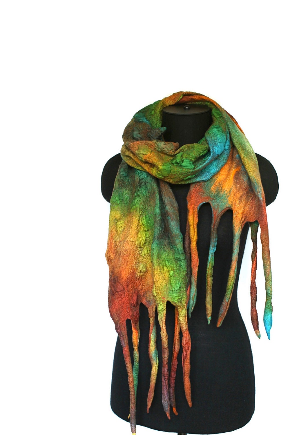 Nuno Felted Scarf Felted Long Scarf Chunky Textured Silk Wool Multicolor Felt Scarf OOAK
