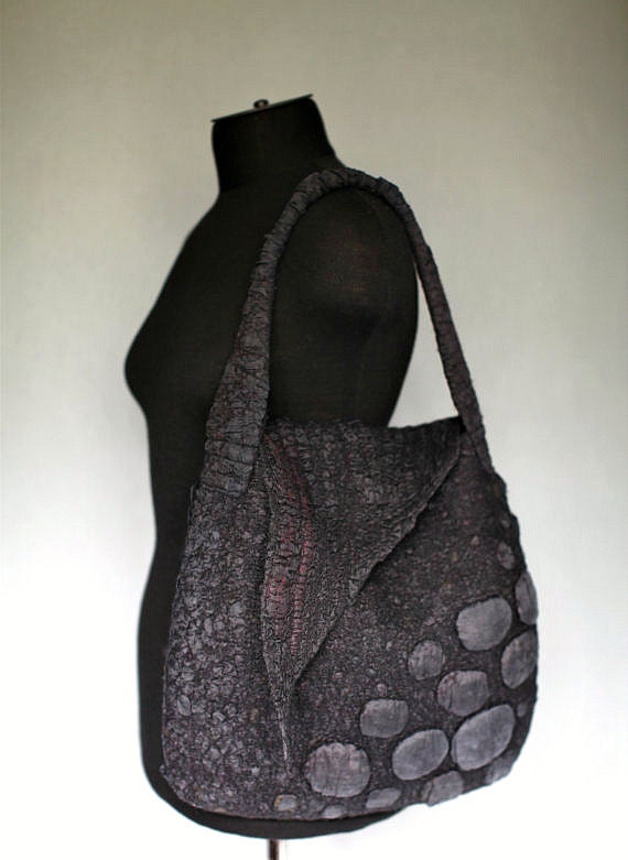 Nuno Felted Shoulder Bag OOAK Large Fall Fashion Black Red Felt Purse Textured Wool Handbag Unique Gift