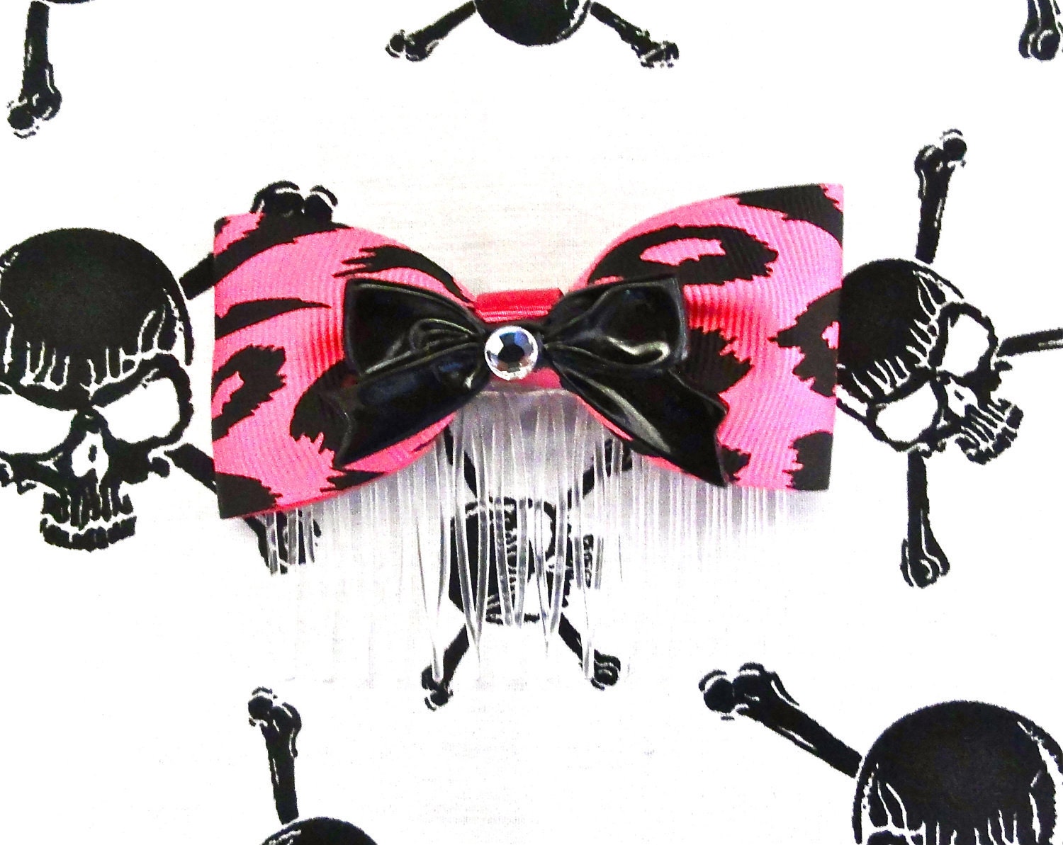 Retro Pinup Black Bow & Cheetah Hair Comb - Hot Pink