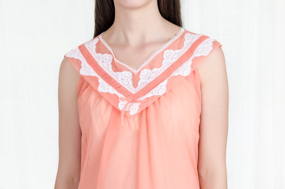 Babydoll Chiffon Nightgown - Vintage 1960s Lingerie - 60s Coral Pink Nightie - S / M