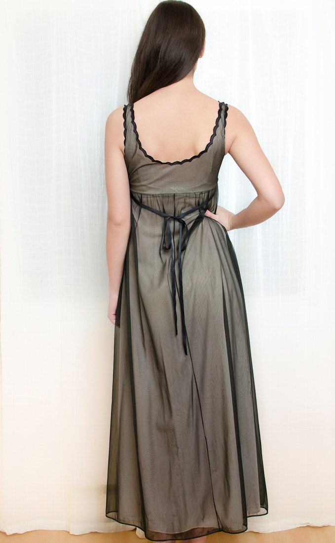 Vintage 1960s Chiffon Nighty - Long Black Night Gown with Lace - XS