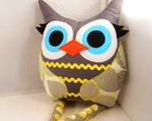 Handmade Stuffed toy owl pillow  plush - bellamina's Optic Blossom in linen, Midwest Modern collection by Amy Butler