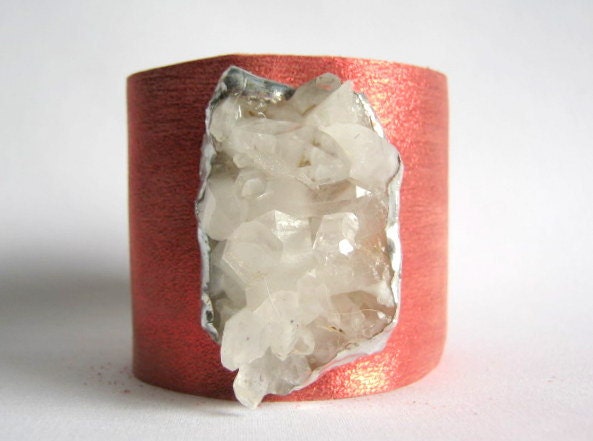 leather cuff bracelet - neon tangerine leather with quartz crystal geode size 1