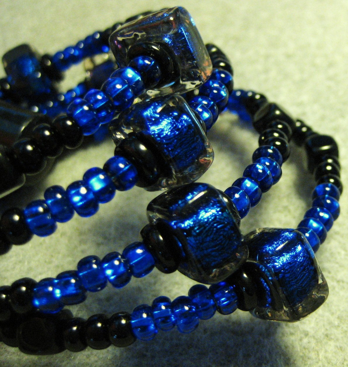 Handmade Glass Bead Bracelet, Dichroic Glass Beads, Paula Radke, Cobalt Blue, Black Beads, Bangle Bradelet, Memory Wire, Artisan Design