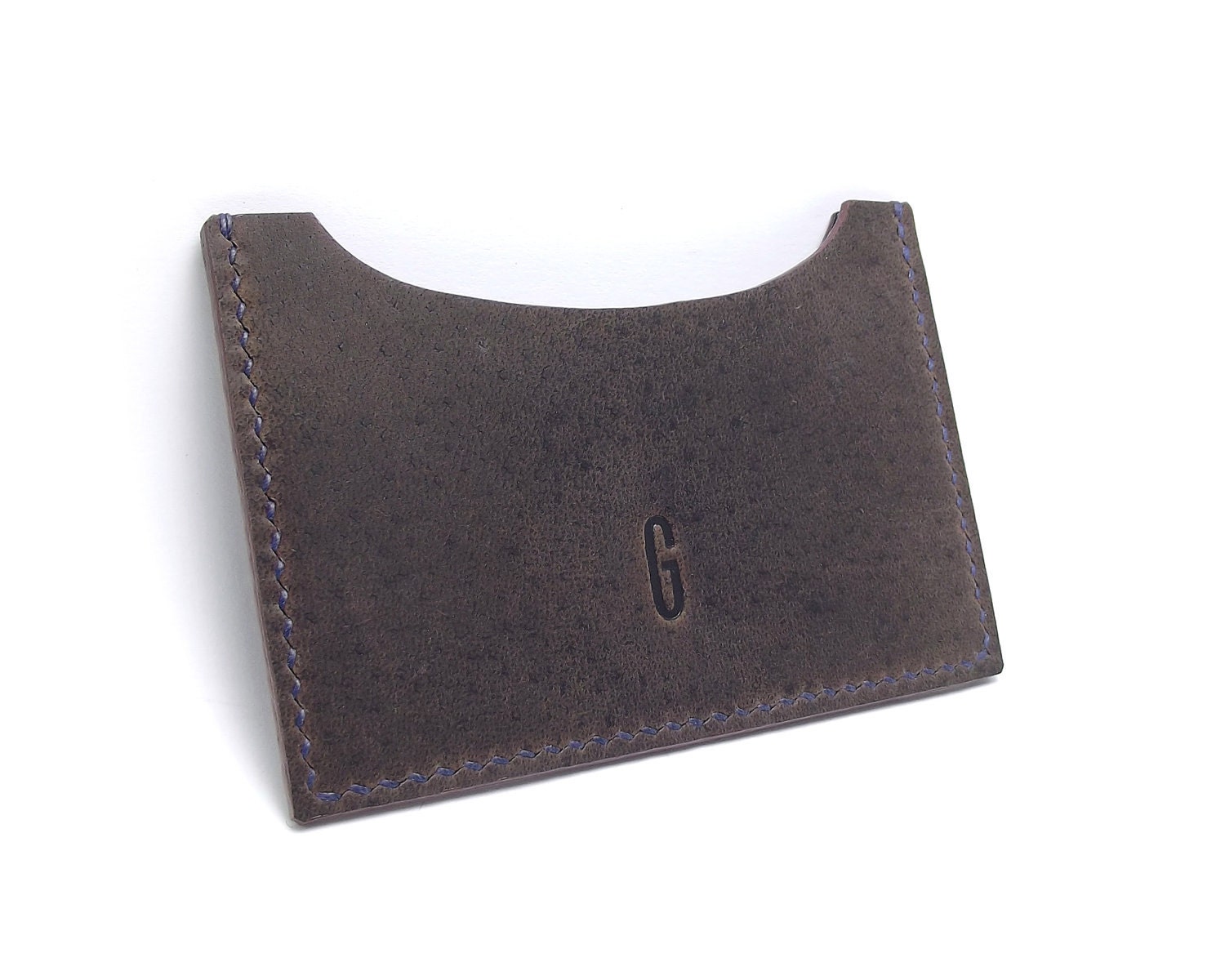 Monogrammed Dark Leather Card Holder, Business Card Case, Travel Wallet for Him, Brown Leather, Crazy Horse, horizontal - sakao