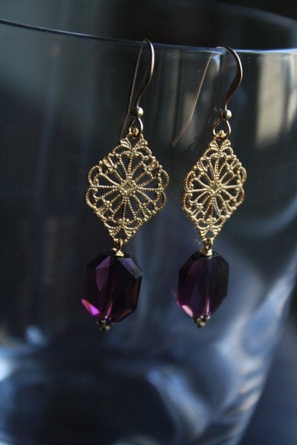 Sparkling gold and Amethyst crystal drop earrings