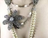 Assemblage Altered Necklace w/ Pearls, Rhinestone Flower Applique Embellishment and Deco Dress Clips