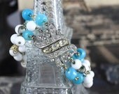 Vintage Assemblage Bracelet With Aqua and White Beads, Old Rhinestone Centerpiece
