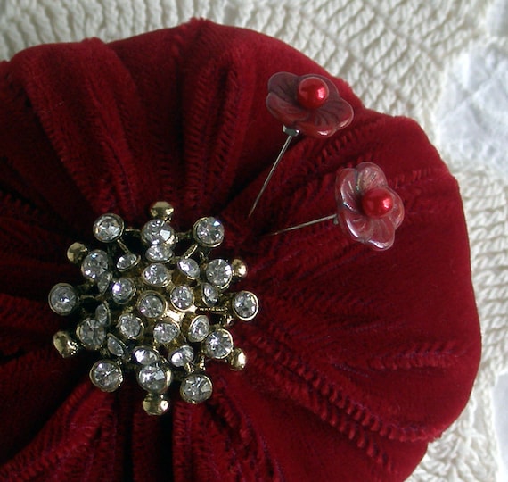 Red Velveteen Pincushion with Rhinestones