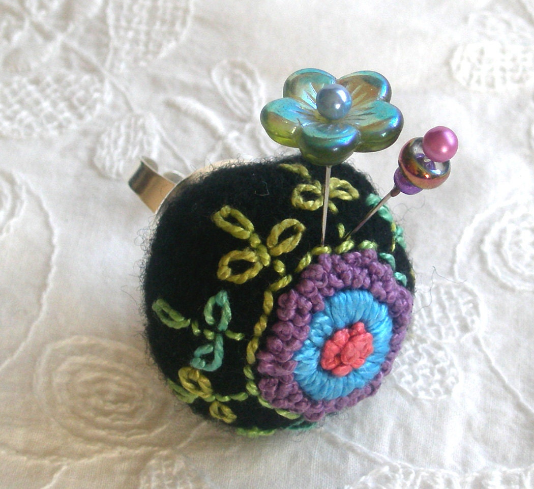 Black Wool Pincushion Ring, Hand Embroidered - Made to Order