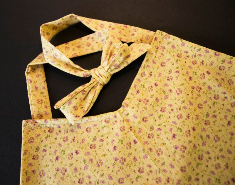 Women's Apron - Purple flowers on yellow cotton - Large