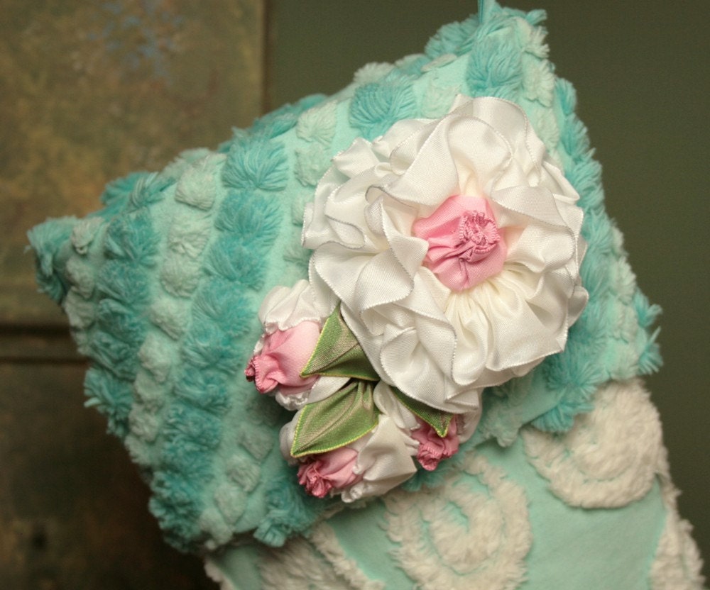 ON SALE - Pink and Yellow Flowers on Aqua Vintage Chenille Christmas Stocking - Vintage-style Millinery Flowers