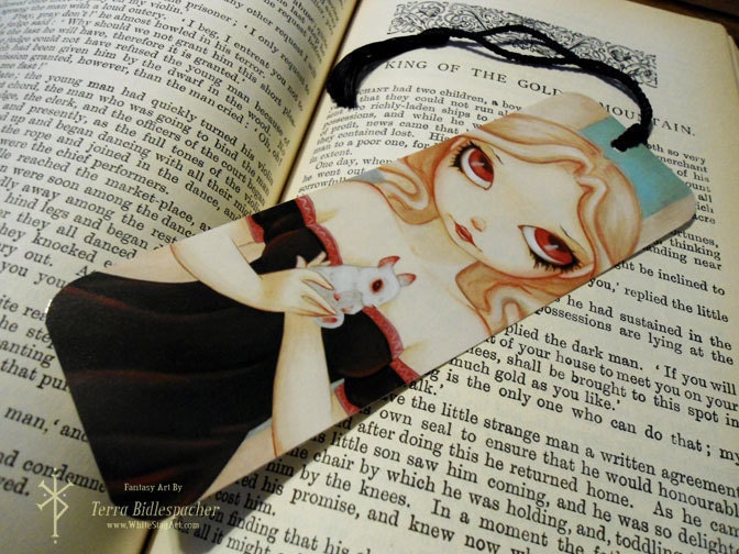 Bunny fairy bookmark-  Hand crafted laminated  goth fantasy art  bookmark with tassel.
