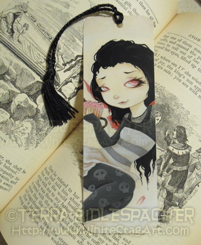 bite- goth fairy vampire cupcake - Hand crafted laminated fantasy art bookmark with tassel.