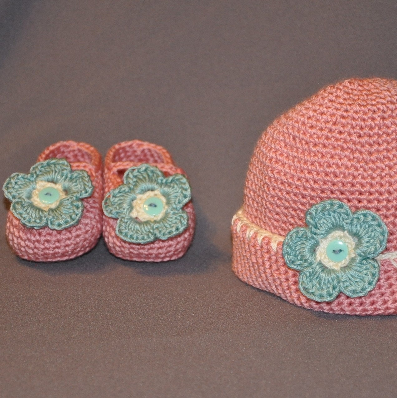Mary Jane Booties and Hat made in soft Bamboo Blend yarn size 0-6 months or 6 12 months