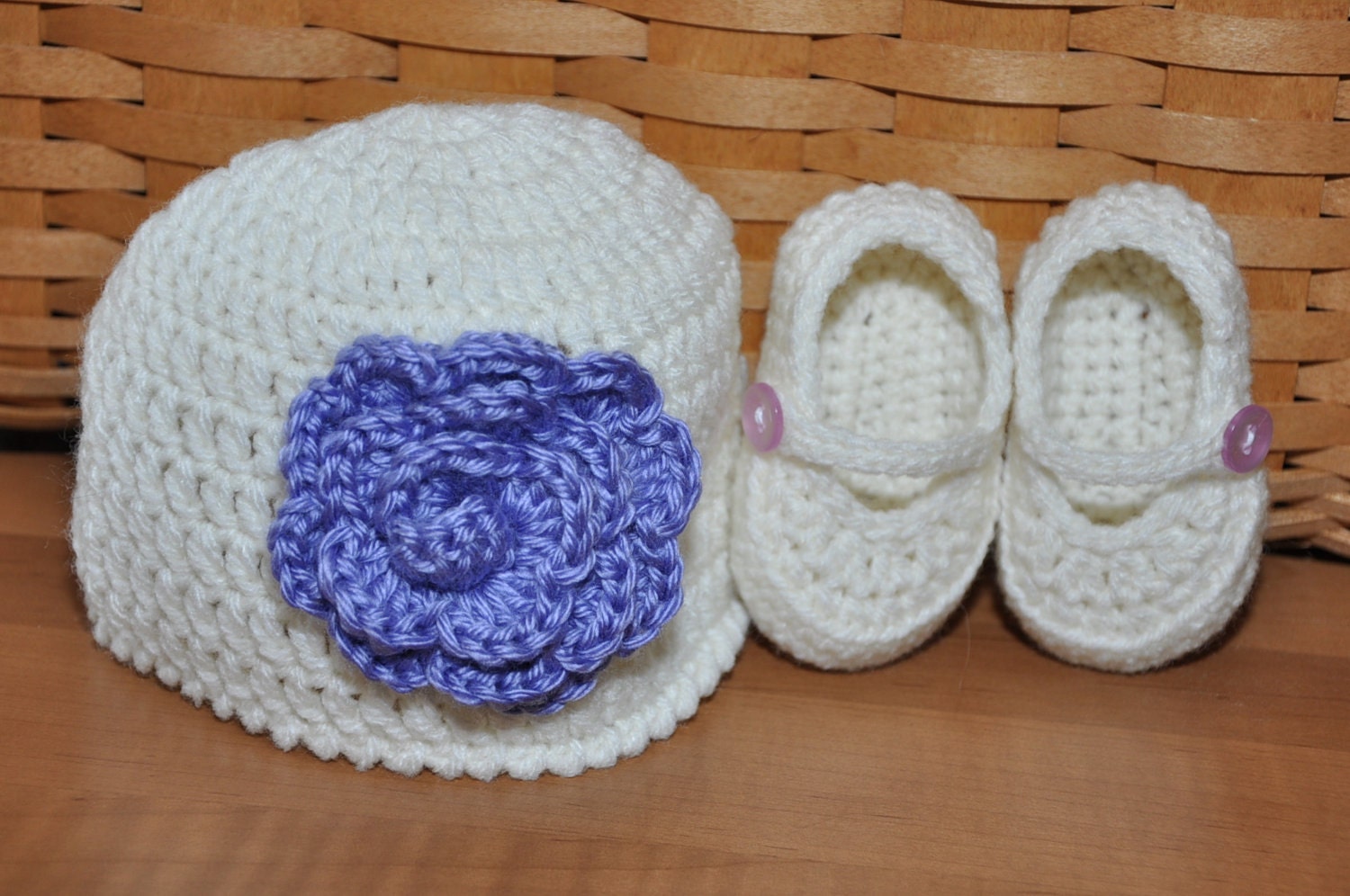 Baby Beanie with Mary Jane Booties in Ivory with a Lavender flower in size 0 to 3 months
