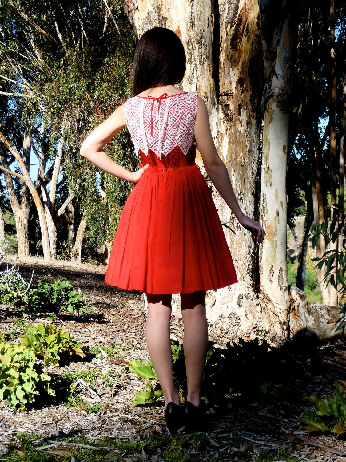 Red White Lace 1950s Party Dress Zig Zag Full Skirt Holiday Dress XS