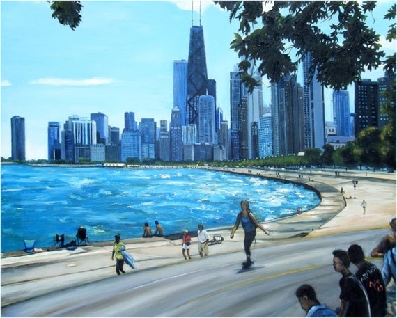 Chicago Cityscape Oil Painting - 15x12in Giclee Print