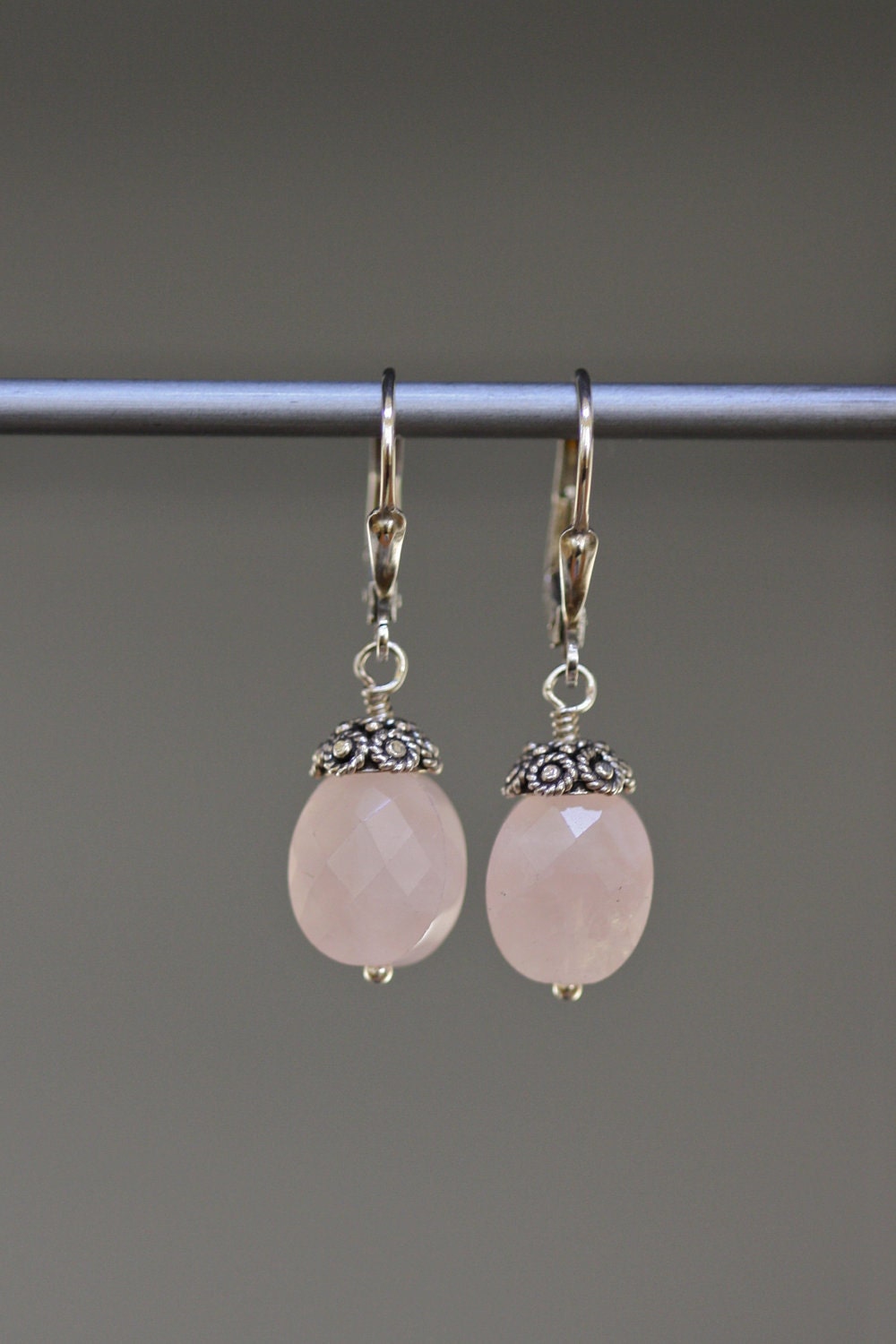 Faceted Oval Pink Rose Quartz Earrings with Bali Silver Caps