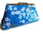 Alfred Shaheen - Plum Blossoms in Blue and Gold. Floral Framed Clutch Purse. Evening Bag. Handmade in Hawaii.