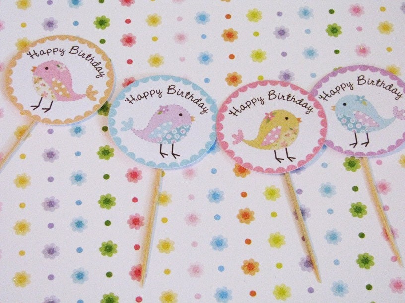 Rainbow Birdy Cupcake Toppers 24- ADORABLE Il_570xn