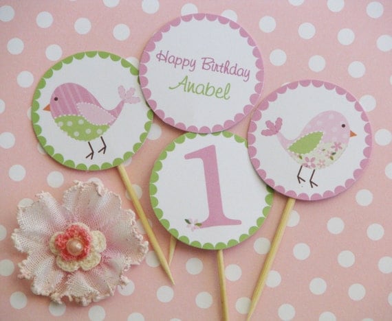 Pink and Green Birdy Cupcake Toppers---Birthday or Baby Shower Il_570xn