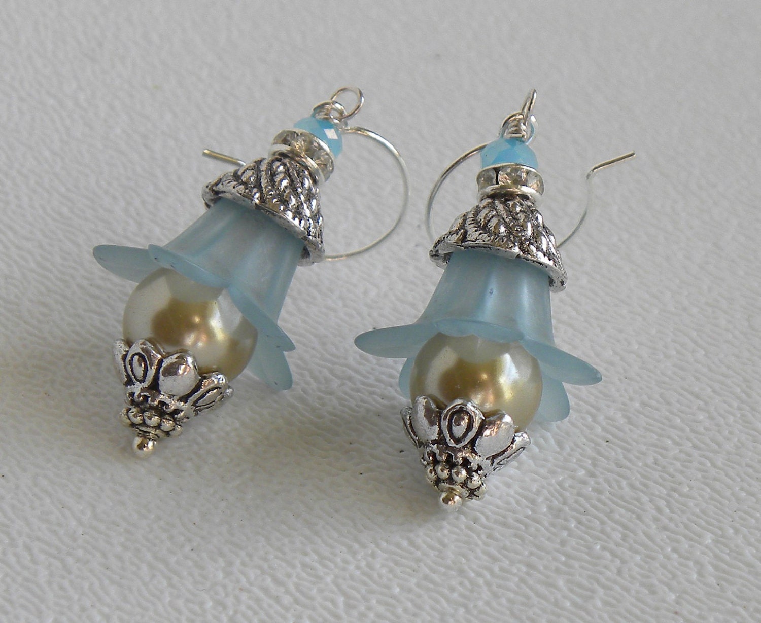 Aqua Ice Handmade Beaded Earrings Lucite Tulip Pearl Drops