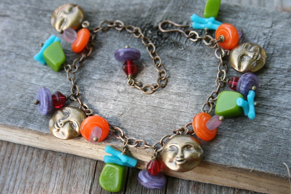 Moon Charm Bracelet Czech Glass and Resin Beads Brass Chain Bracelet
