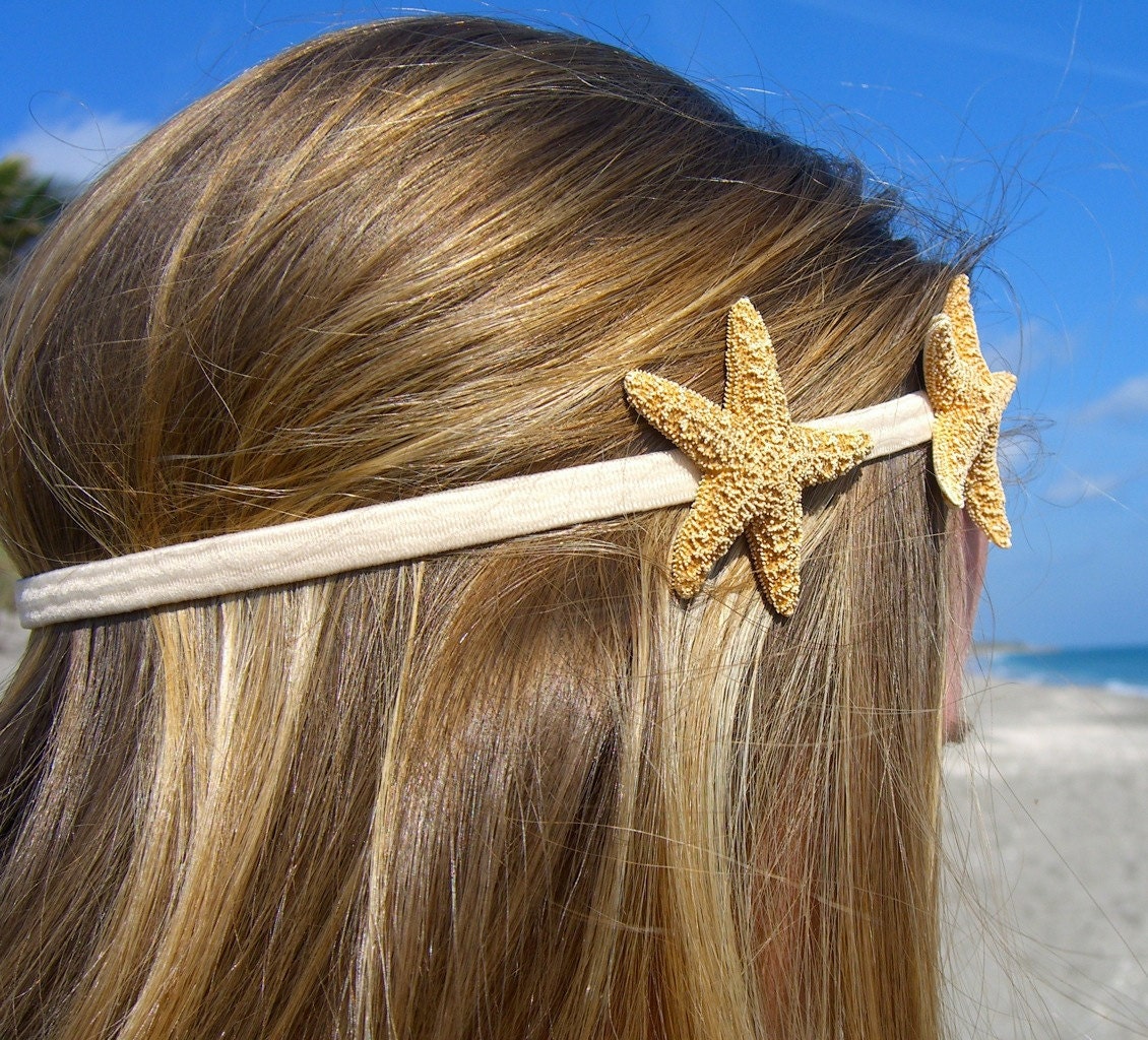 Starfish Headband with Two Sugar Starfish-Tan-Hippy Chic, Beach Hair, Mermaid Hair, Boho Coastal, Jersey Shore, Nautical, Beach Weddings