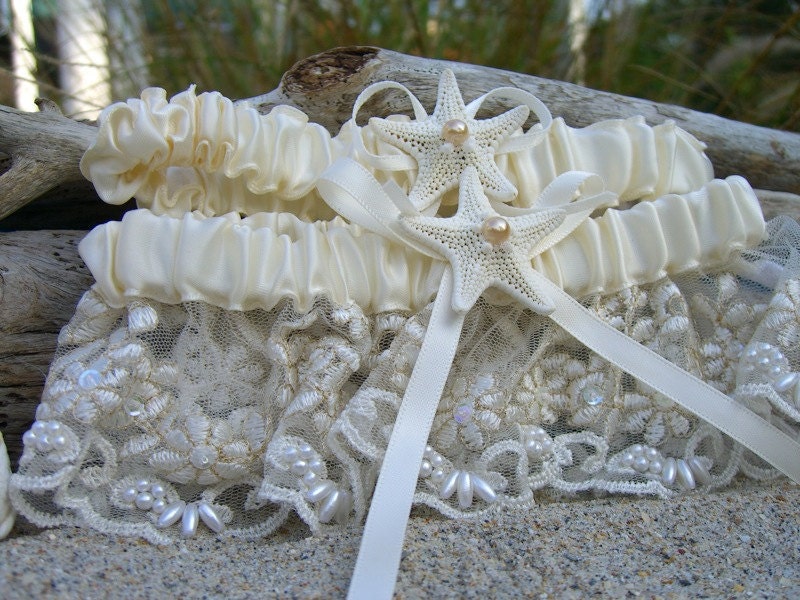 Starfish Beach Wedding Bridal Garter Set-ELEGANT IVORY-Weddings, Starfish, Beach Weddings, Ivory Lace, Bridal Accessories, Toss Garter