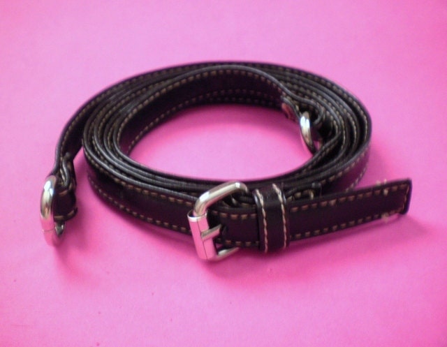 Long Adjustable Black Faux Leather Purse Strap with Silver Toned Hardware and Tan Accent Thread
