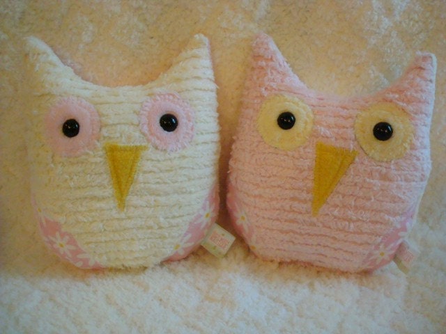 Two Little Hoot Daisy Owls -One Pink, One Cream Chenille and Pink Minky Fabrics