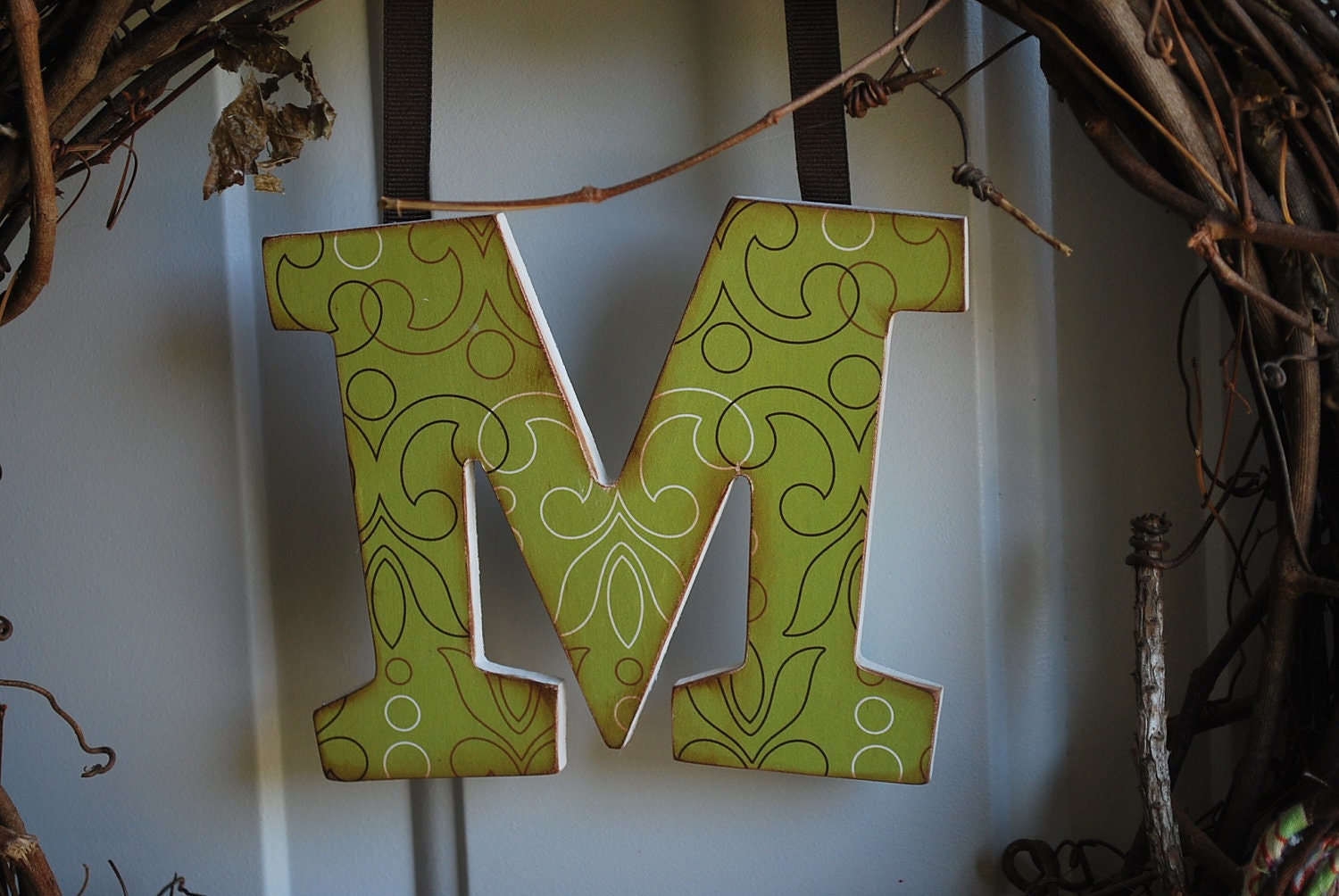 Monogrammed Shabby Chic Rosette Vine Wreath-Green