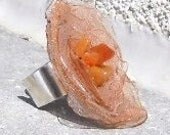 SHOP CLOSING SALE- Springy Ringy - Statment Ring - Orange Aventurine Gemstones ,Organza fabric on Sterling Silver Adjustable Ring