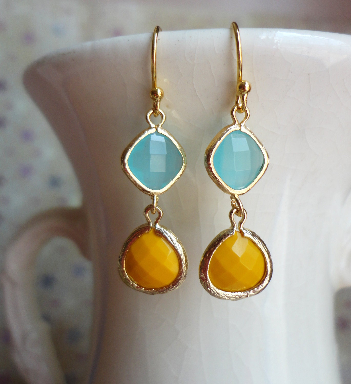 Cool Aqua and Mustard Yellow Color Block Dangle Earrings. Summer Earrings. Beach Wedding. Wedding Earrings. Mustard and Aqua Blue Earrings.