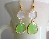 Gorgeous Peridot Green and Soft Pink Glass Dangle Earrings. Color Block Earrings. Bridesmaid Earrings. Wedding Earrings